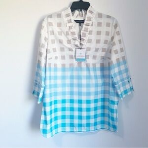 Ming Wang White and Blue Checkered Blouse